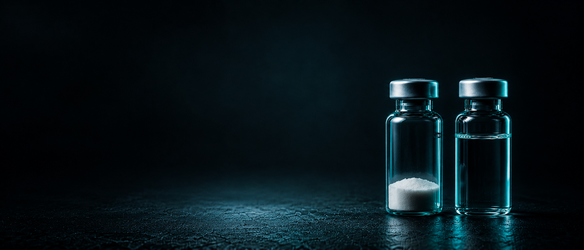 Two glass peptide vials, one with powder and one with reconstituted liquid, under teal studio light